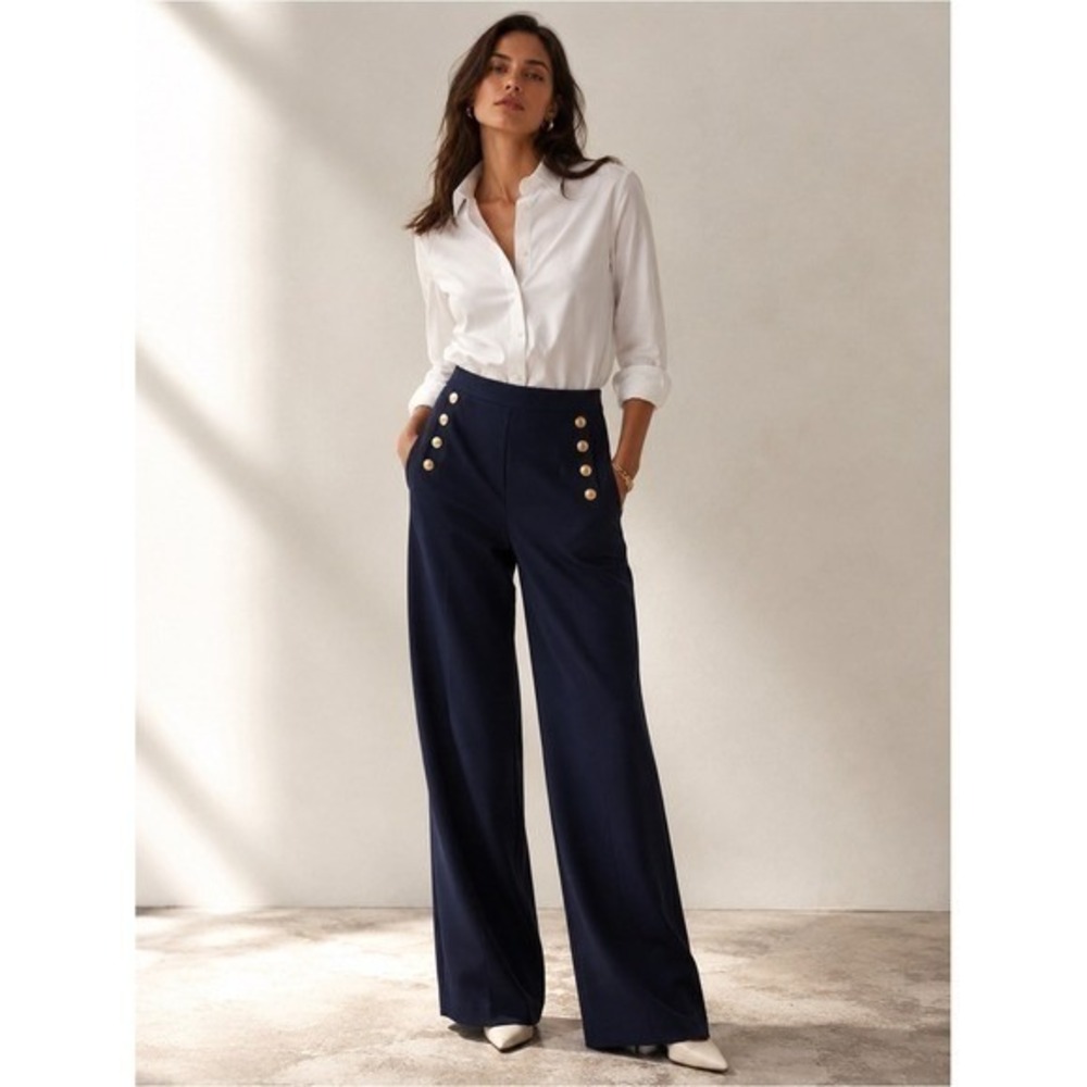 H&M Navy Wide-Leg High-Waist Pants with Gold Buttons
